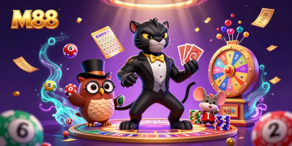 M88 gaming scene with a stylish panther, owl with poker chips, and mouse amidst colorful lottery elements.
