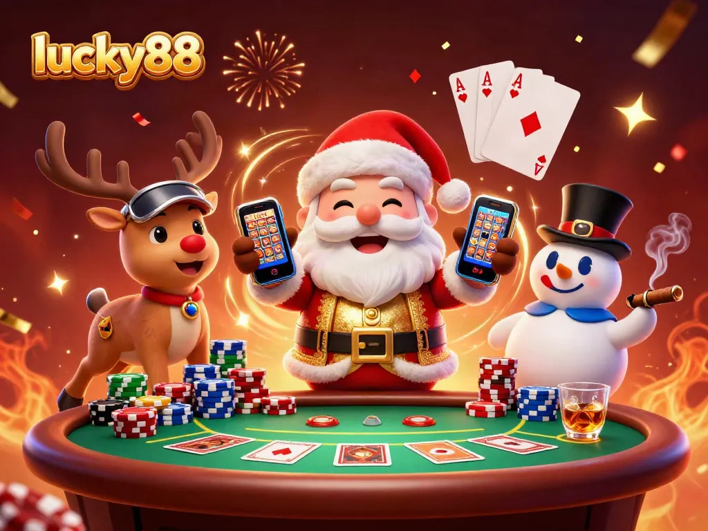 Experience jackpot wins at lucky88 with a festive casino scene featuring Santa, reindeer, and a snowman.