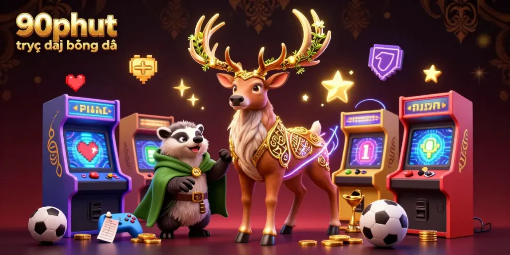 Experience thrilling 90phut trực tiếp bóng đá action with cartoon druid and badger surrounded by sports betting elements.