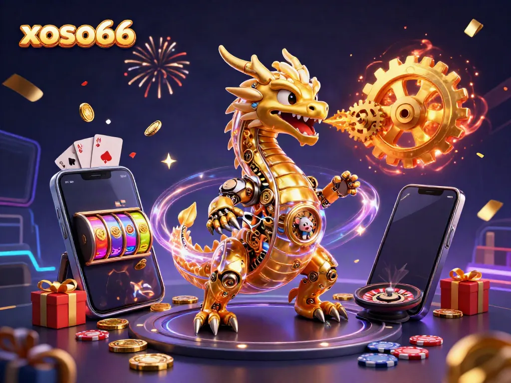 Experience thrilling gaming with xoso66 featuring a golden dragon and casino elements amidst vibrant visuals.