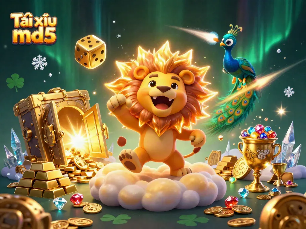 Exciting Tài xỉu md5 casino scene with a roaring lion, golden dice, and sparkling treasures.
