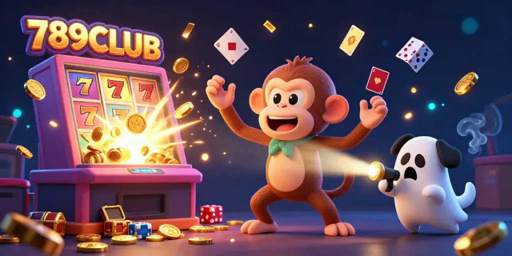 Experience the excitement of 789CLUB with a bustling casino scene featuring a playful poltergeist monkey and a curious puppy.