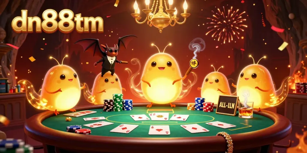 Engage in thrilling casino gameplay with dn88tm as bioluminescent glowworms and a bat dealer animate a vibrant poker scene.