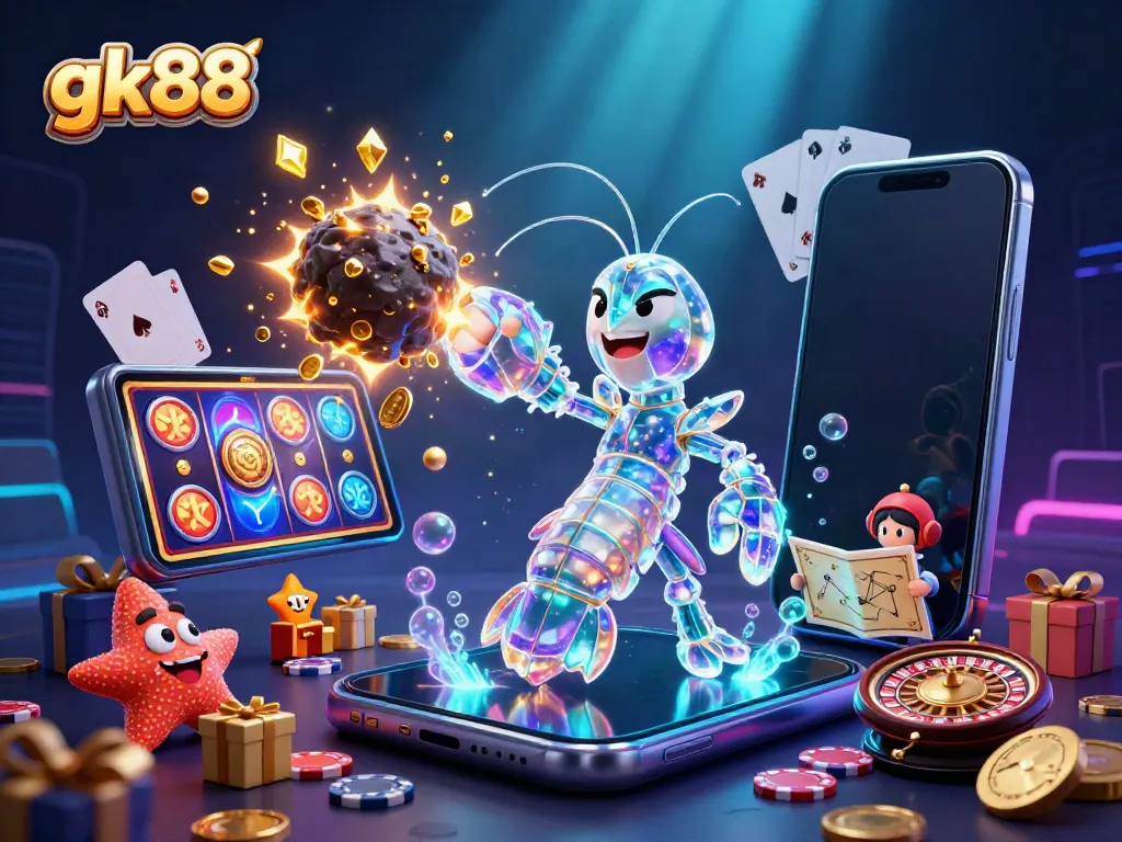 Engage with gk88's vibrant gaming scene featuring a galactic samurai shrimp and winning casino elements.