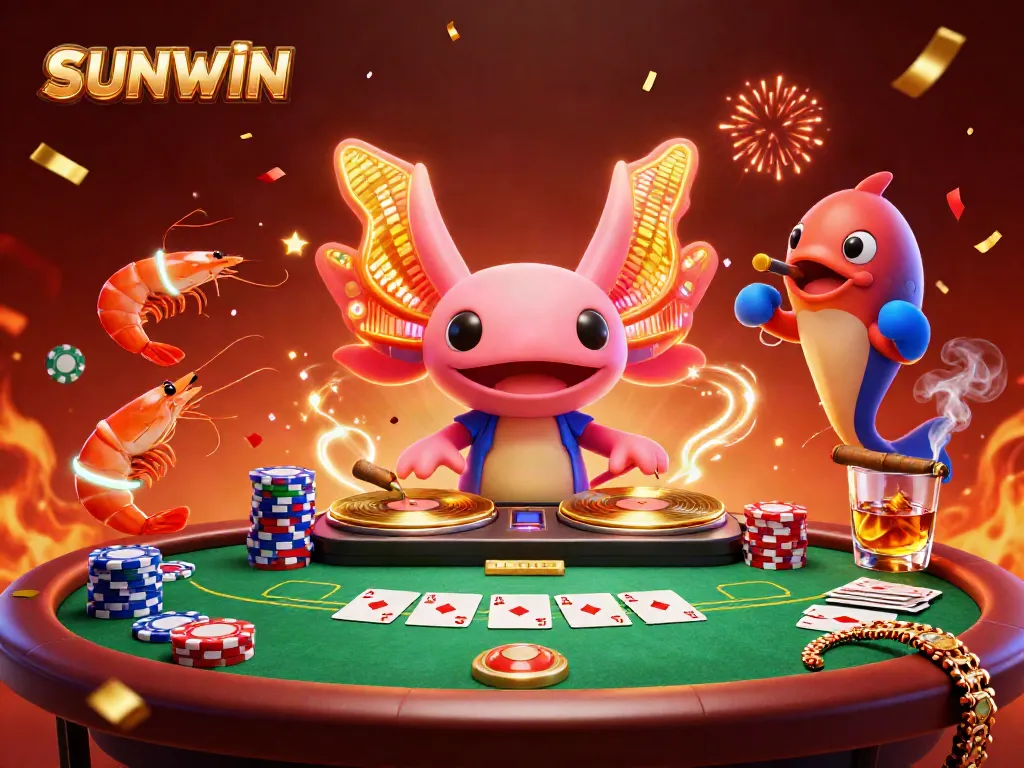 SUNWIN showcases a vibrant DJ and sea creatures in a dynamic underwater casino party scene.