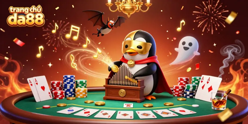 Experience the thrill at trang chủ da88 with a captivating 3D scene of a penguin playing a pipe organ shooting golden coins.