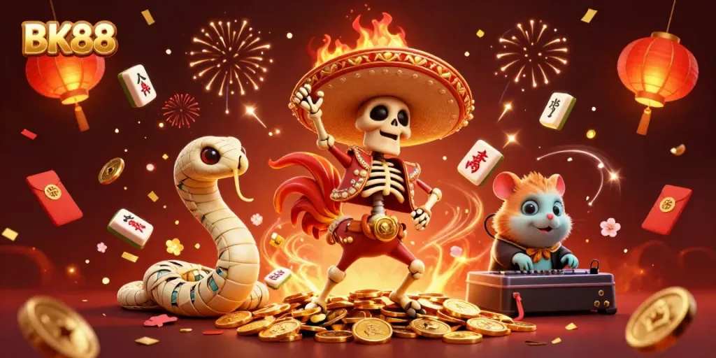 Celebrate with BK88's vibrant 3D casino scene featuring golden coins and energetic characters.