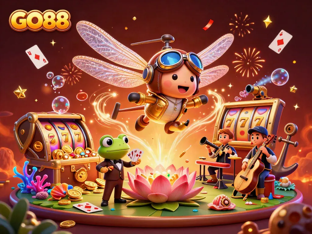 Experience GO88's vibrant casino scene with a dragonfly pilot, a frog dealer, and jazz musicians.