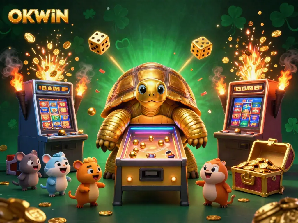 Experience thrilling gameplay with OKWIN, featuring a colossal tortoise pinball machine amidst a vibrant casino scene.