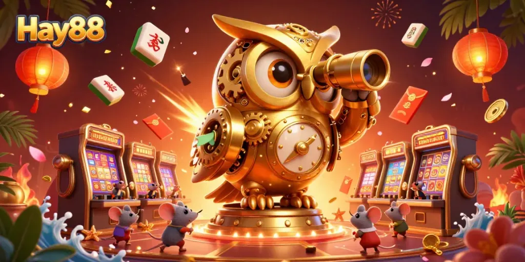 Experience the enchanting casino world with Hay88's owl mascot and action-packed gaming elements in vibrant 3D.
