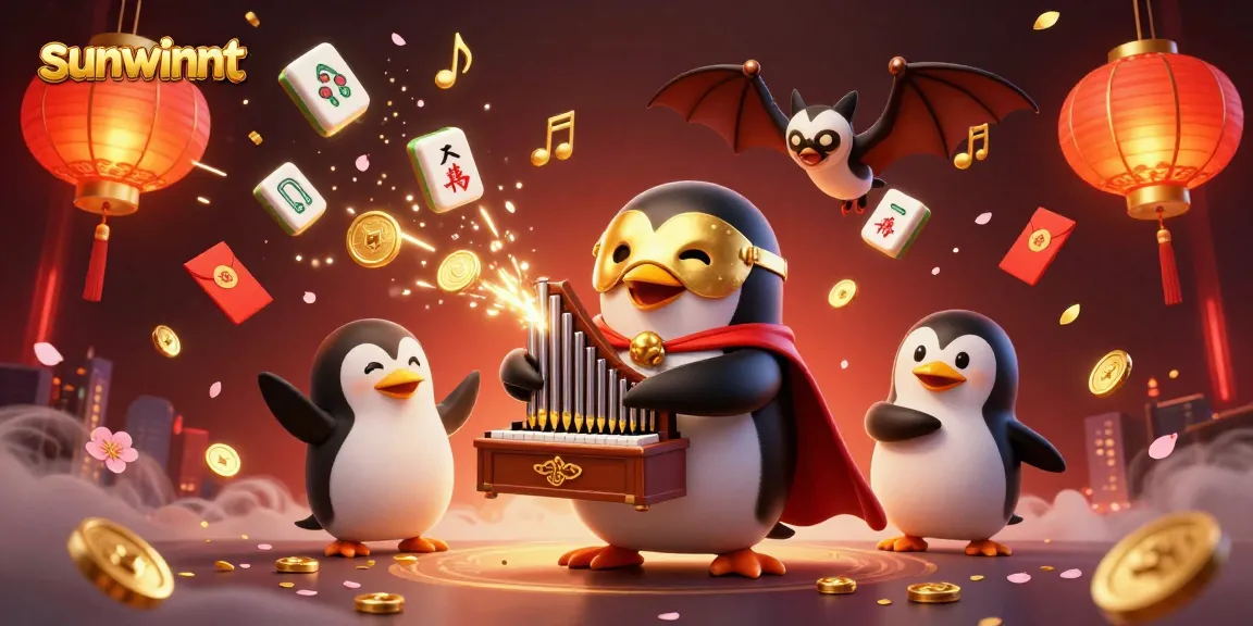 Experience thrilling gameplay with sunwinnt: a vibrant 3D illustration of a penguin organist and festive gaming elements.