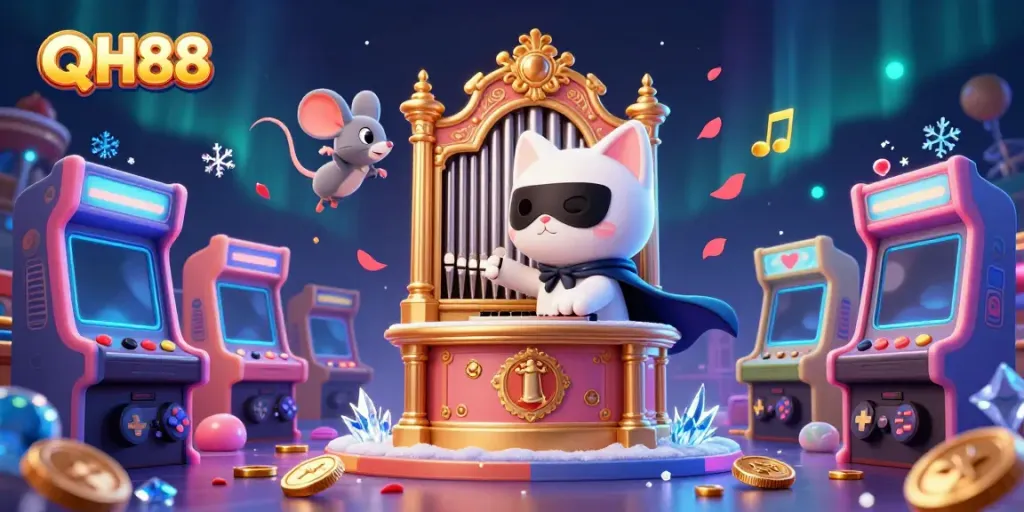 Engage with QH88's animated casino world featuring a phantom cat and vibrant gaming elements.