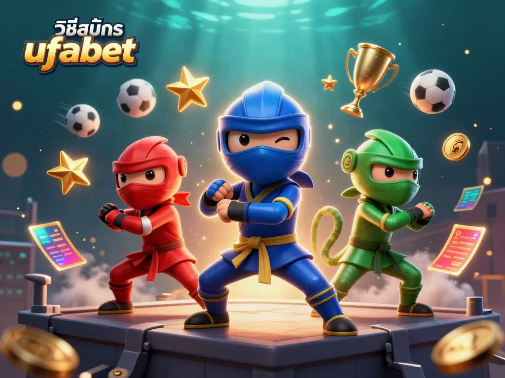 Engage in วิธีสมัคร ufabet with a vibrant 3D gaming scene showcasing chameleons, sports elements, and dynamic actions.