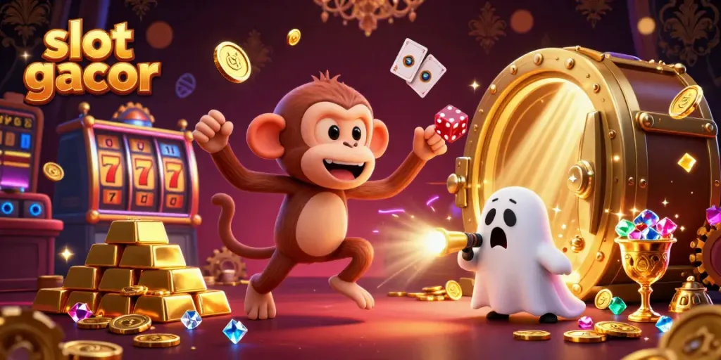 Momen seru dalam permainan slot gacor dengan berbagai koin emas dan karakter menghibur di kasino.