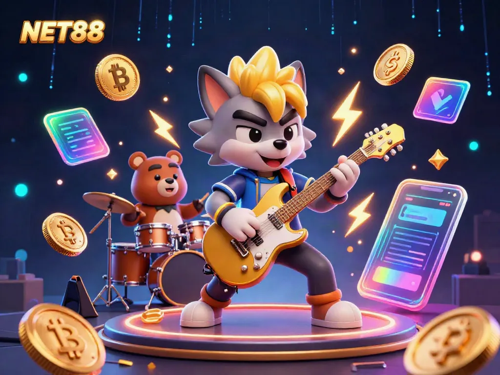 Experience the thrill of NET88 with a rock star wolf and drummer bear in a vibrant casino setting.