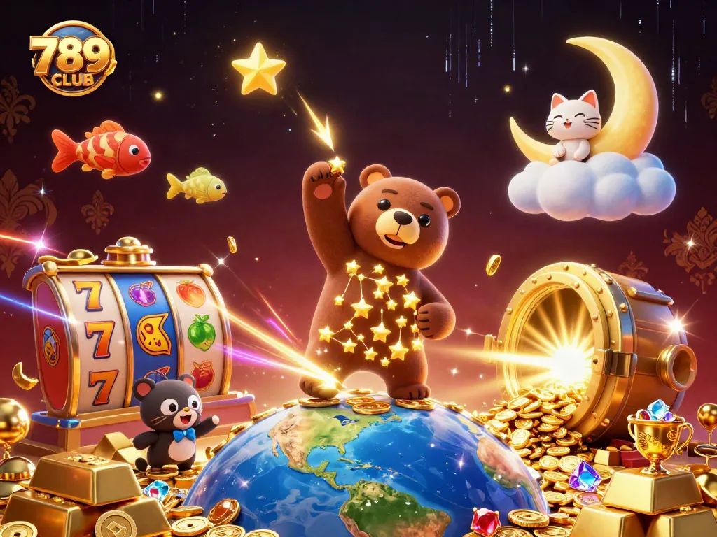 Experience the thrill of 789CLUB with a vibrant jackpot scene showcasing dynamic slot reels and treasures.