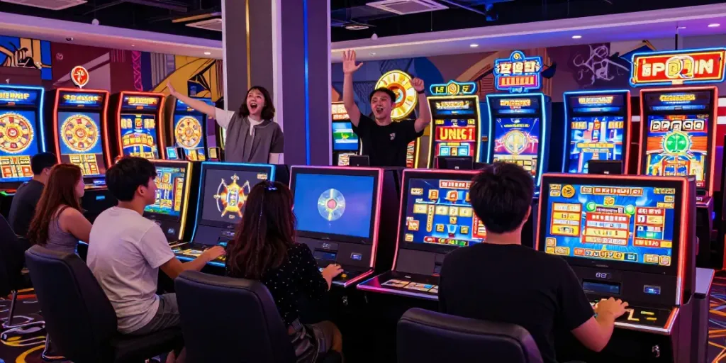 Players enjoying janji33 digital slots in an engaging casino environment.