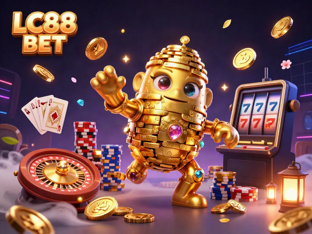 Experience thrilling gaming with LC88 BET featuring dynamic golden golem, treasures, and casino elements.