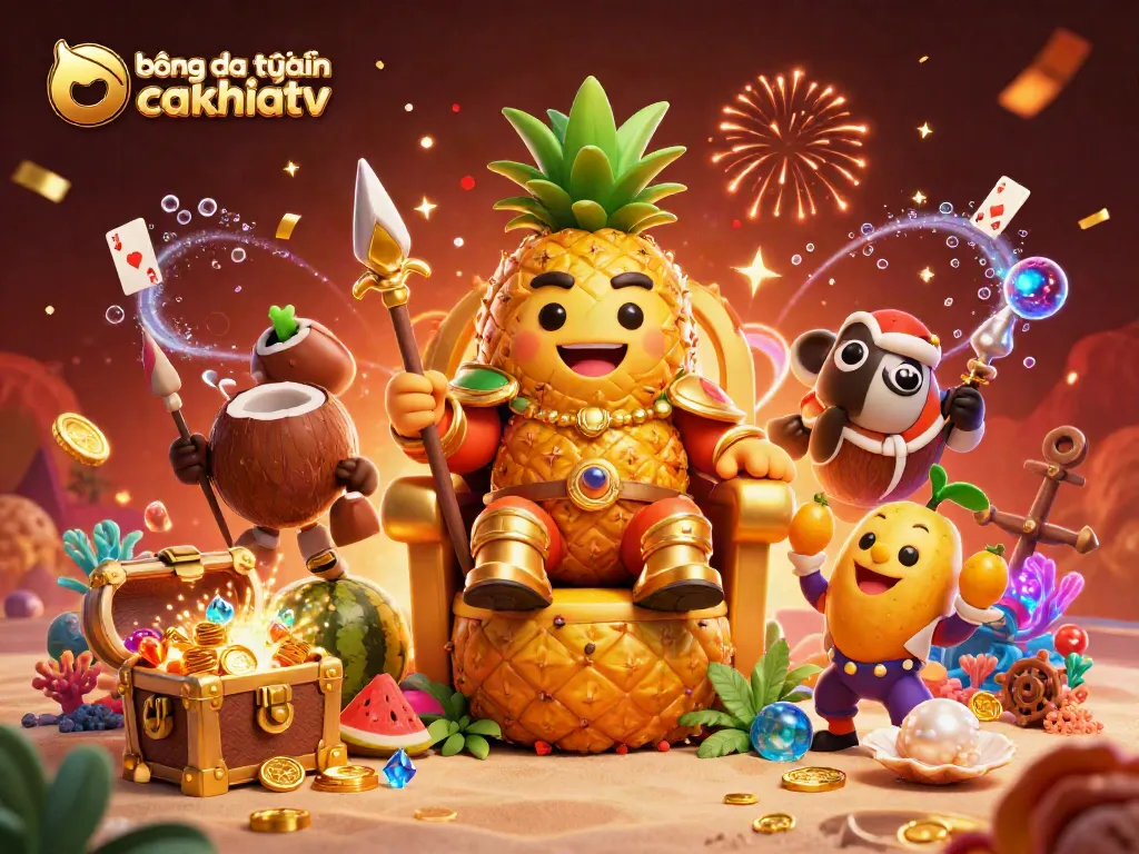 Bóng đá trực tuyến cakhiatv illustrated scene showcasing a golden pineapple king and vibrant characters in action at a tropical beach casino.