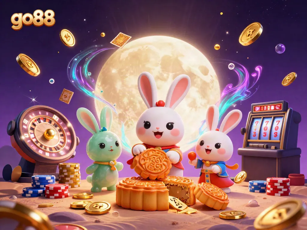 Experience the excitement of go88 with a mystical moon rabbit and poker chips in a dazzling casino scene.