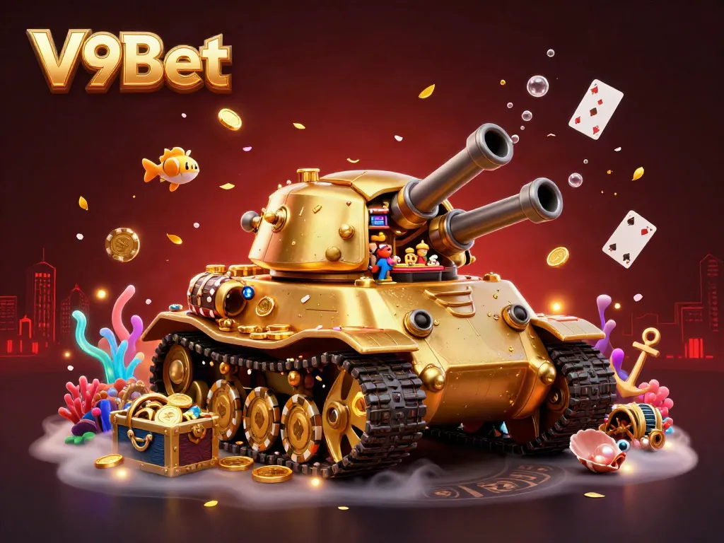 Experience the thrill of V9Bet with a whimsical 3D beetle tank casino exploding with fun gaming elements and treasures.