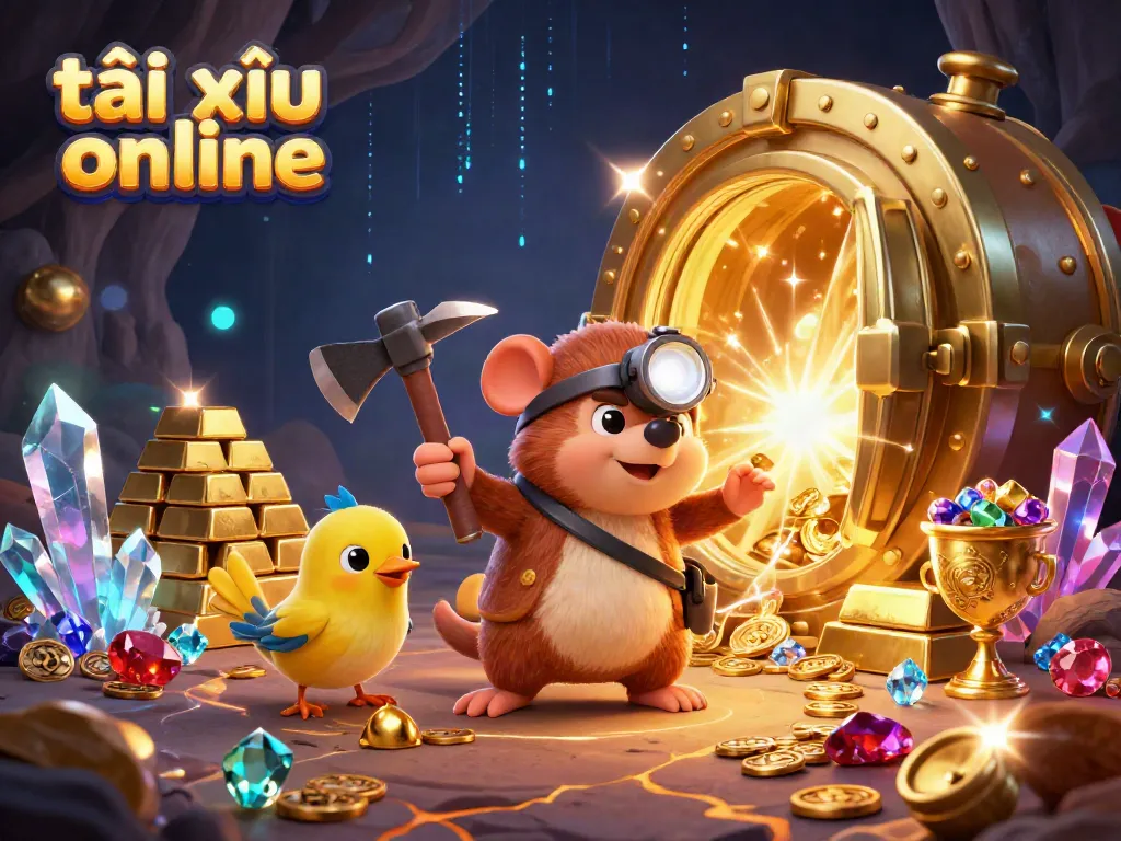 Engage in thrilling tài xỉu online action with animated characters mining treasure and gems in a vibrant casino-themed scene.