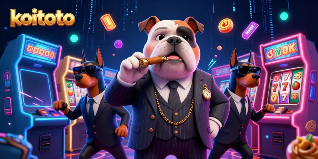 Gambarkan koitoto dengan bulldog mafia dan doberman di tengah mesin slot yang meriah.