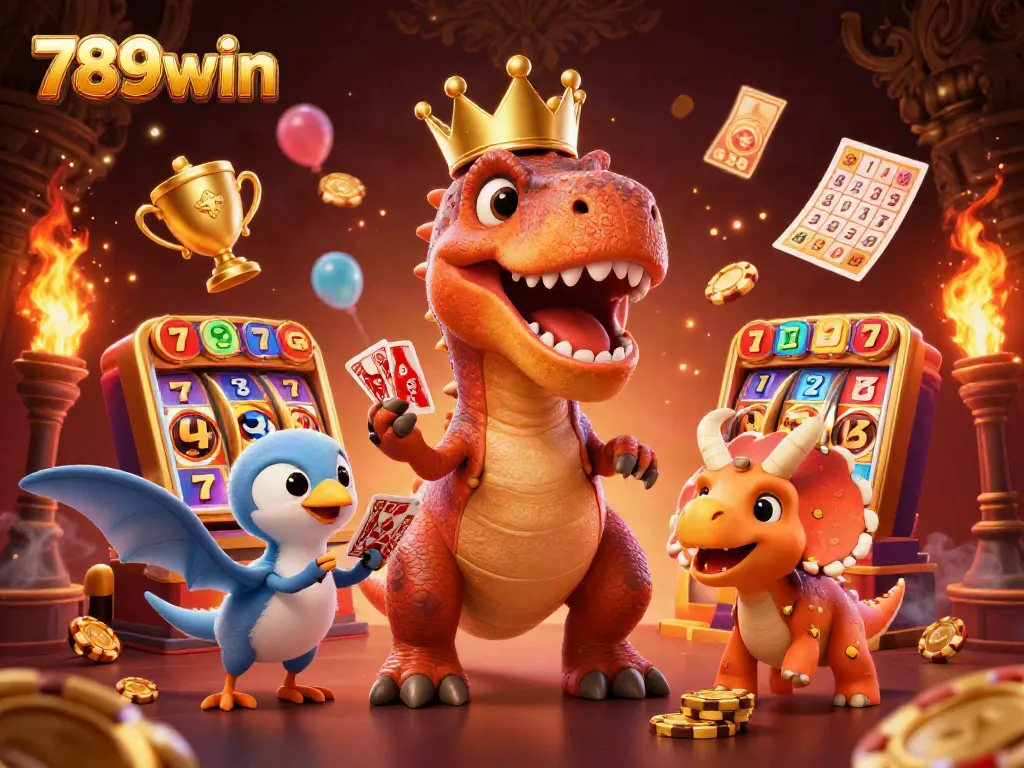 Experience thrilling slots at 789win with a playful T-Rex, Triceratops, and Pterodactyl in this vibrant casino scene