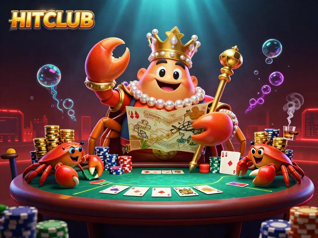 HITCLUB illustrates a vibrant casino scene with a golden crab emperor amidst poker elements.