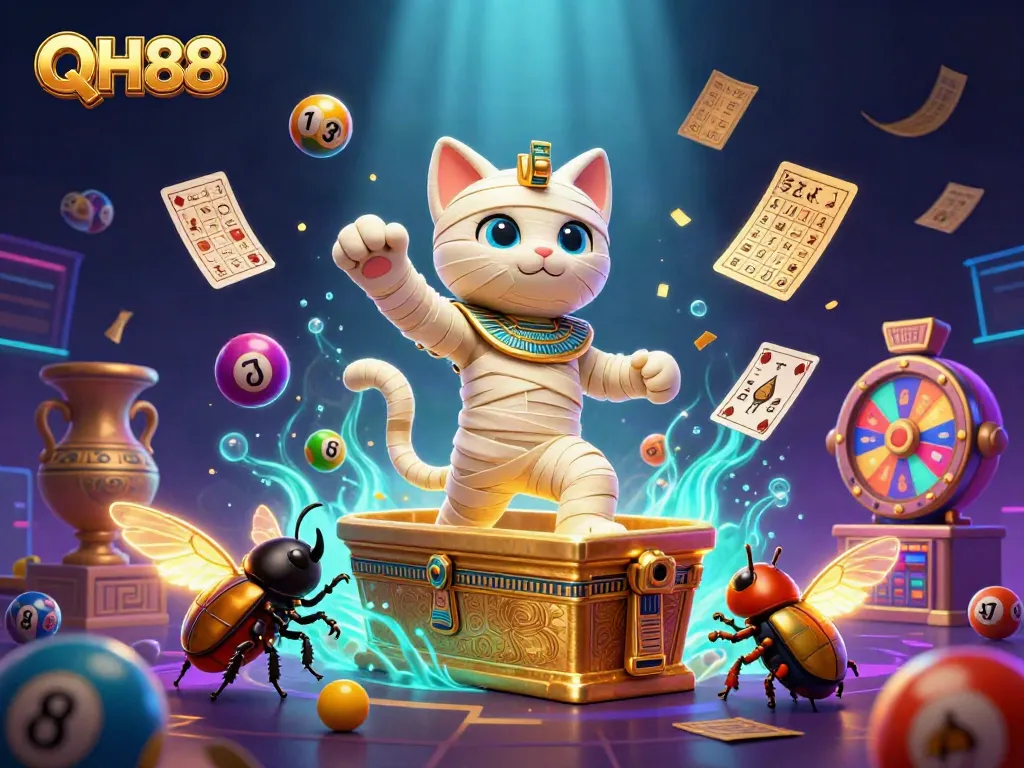 Experience the thrilling world of QH88, where a mummy cat and glowing scarab introduce exciting casino games.