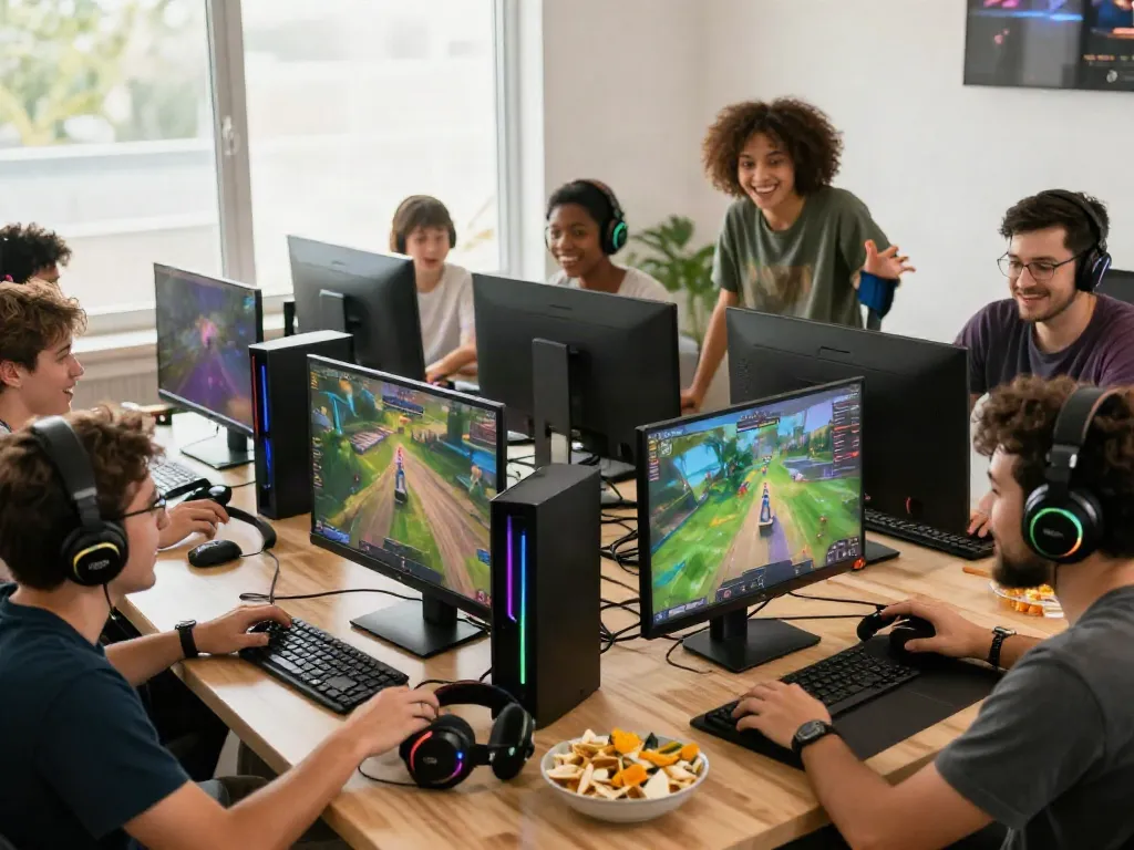 Kilat404 gaming community engaging in multiplayer fun with vibrant console setup.