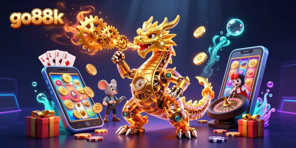 Engage with go88k's thrilling slot games featuring rich visuals of golden dragons and vibrant casino elements.