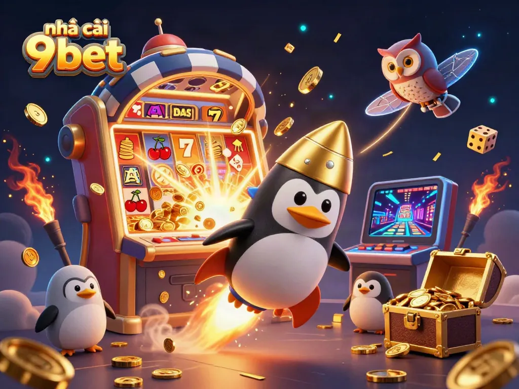 Experience the excitement at nhà cái 9bet with this vibrant casino space illustration featuring a golden penguin and slot machines.