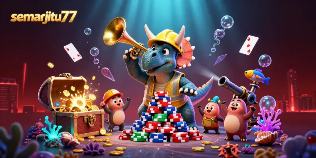 Semarjitu77 menyajikan ilustrasi 3D ceria dengan karakter kartun dan elemen permainan yang menarik.