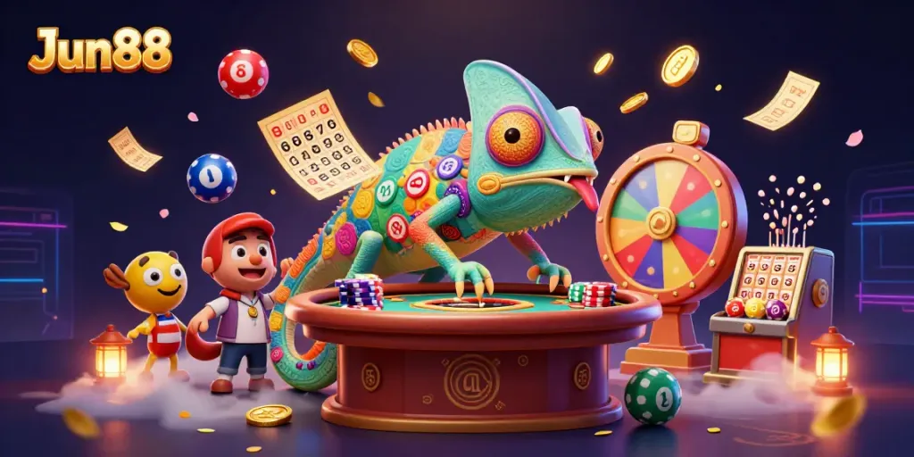 Experience excitement at Jun88 with a vibrant casino scene featuring colorful games and dynamic elements.