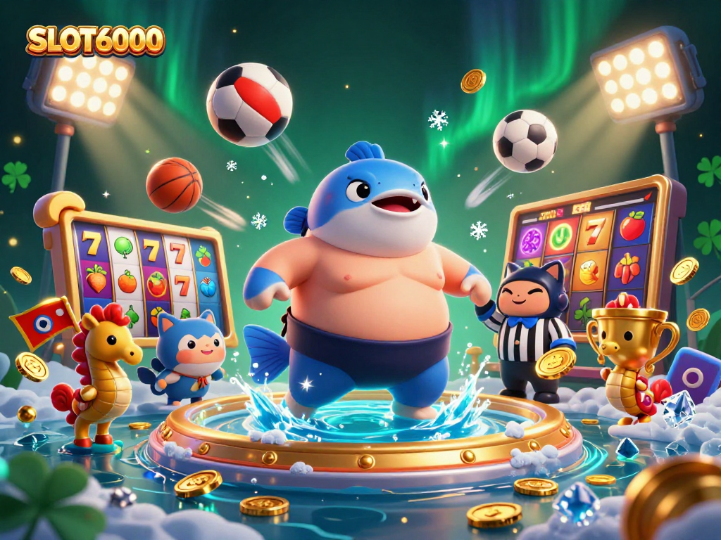 Engage with SLOT6000's vibrant slot game scene featuring a fugu character amidst dynamic sports elements.