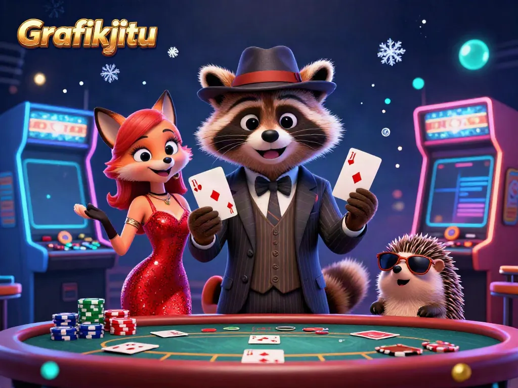 Experience winning at Grafikjitu with our lively casino scene, showcasing vibrant characters and gaming elements.