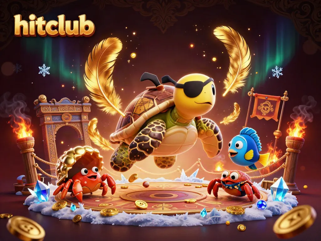 Engage in thrilling hitclub gaming action with a pirate turtle, hermit crab, and parrotfish above treasure.