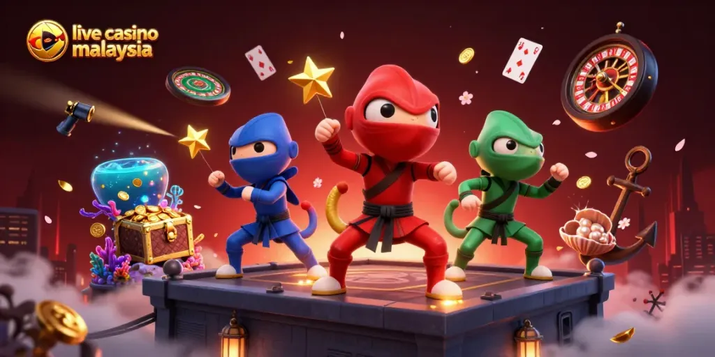 Experience excitement in live casino Malaysia with a vibrant 3D illustration of chameleon ninjas amidst casino games.
