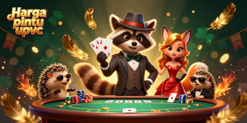 Experience thrilling action with Harga pintu upvc as a suave raccoon shows a winning poker hand.