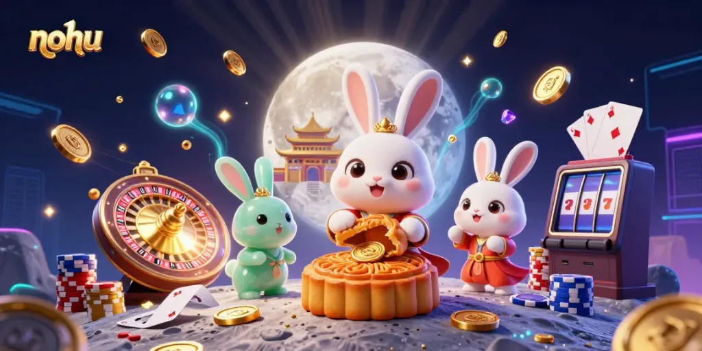 Experience thrilling wins with nohu, featuring a magical moon rabbit and casino elements in an enchanting 3D scene.