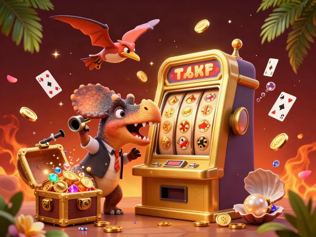 Experience the excitement of on88 as the pachycephalosaurus heads for the jackpot slot machine while golden coins fly!