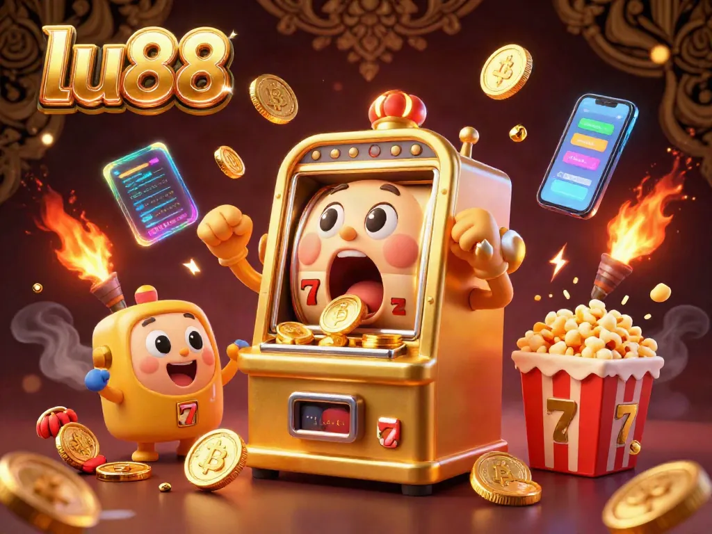 lu88 brings excitement as a golden slot machine wins big amidst cheering friends and crypto treasures.