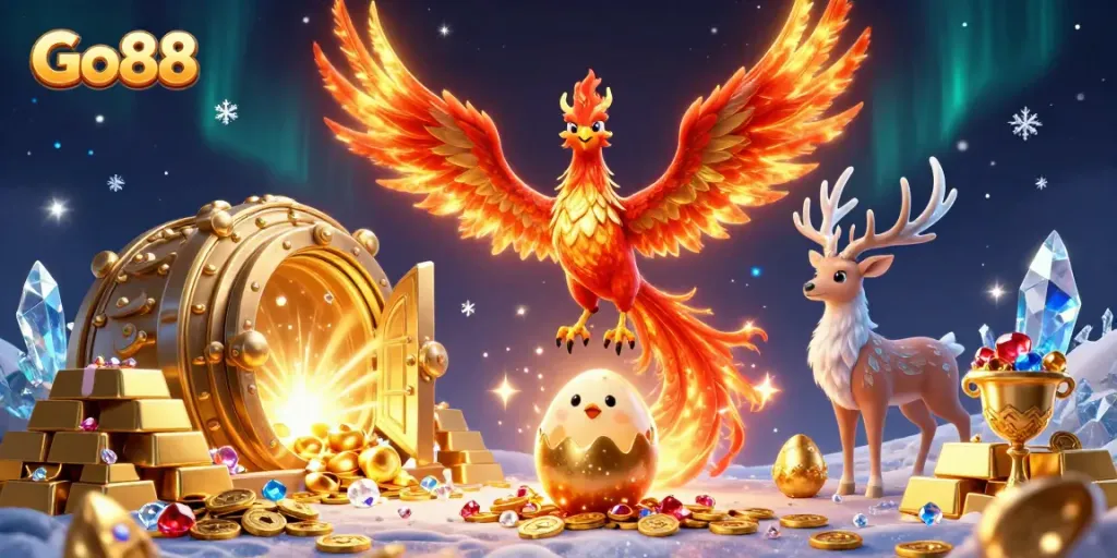Engage in the excitement at Go88, with a vibrant phoenix and treasure scene showcasing casino adventure.