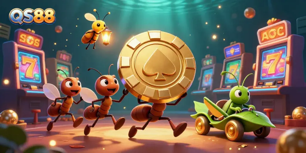 Join the ants in a QS88 casino heist, carrying a giant poker chip surrounded by vibrant slot machines.
