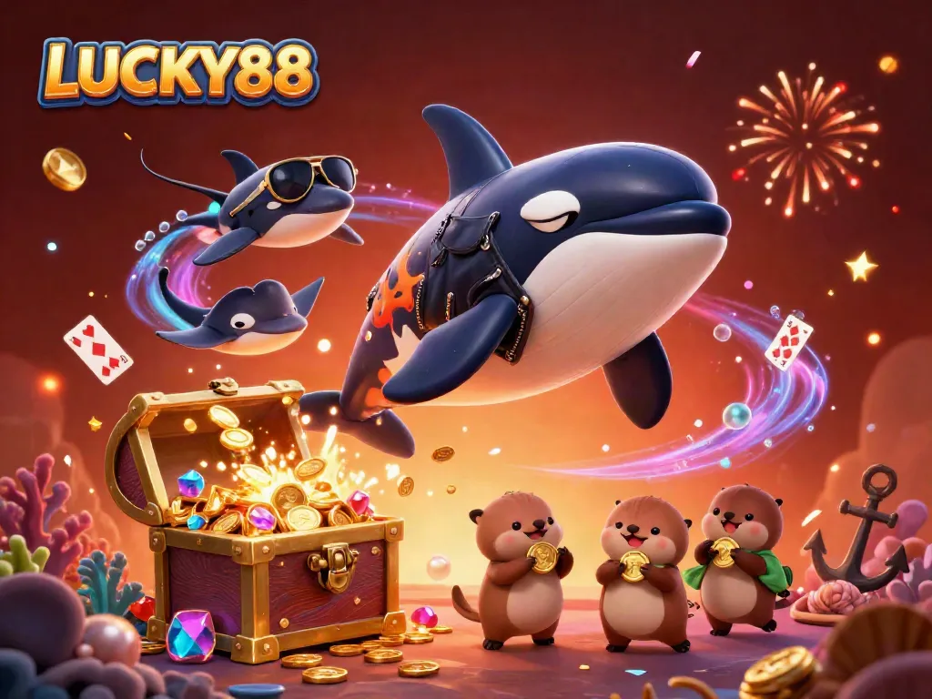 Experience excitement with LUCKY88 as playful sea characters celebrate wealth in a vibrant casino undersea scene.