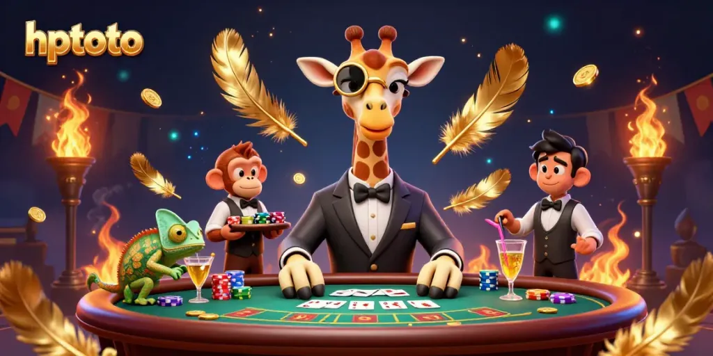 Experience thrilling poker action with hptoto, featuring a high-roller giraffe and vibrant casino elements.