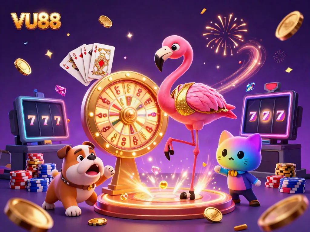 Experience VU88 with excitement as cartoon characters celebrate wins in a lively casino scene.