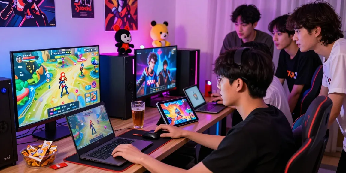 Exciting gathering playing xxx game on multiple devices in a vibrant gaming room with colorful decor.