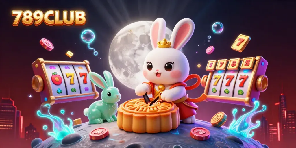 Experience 789CLUB's thrilling slot gameplay with a moon rabbit and vibrant elements.
